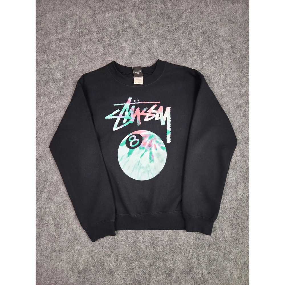 Stussy Sweatshirt Mens Small Black 8-Ball Tie Dye Graphic Crew Neck Pullover